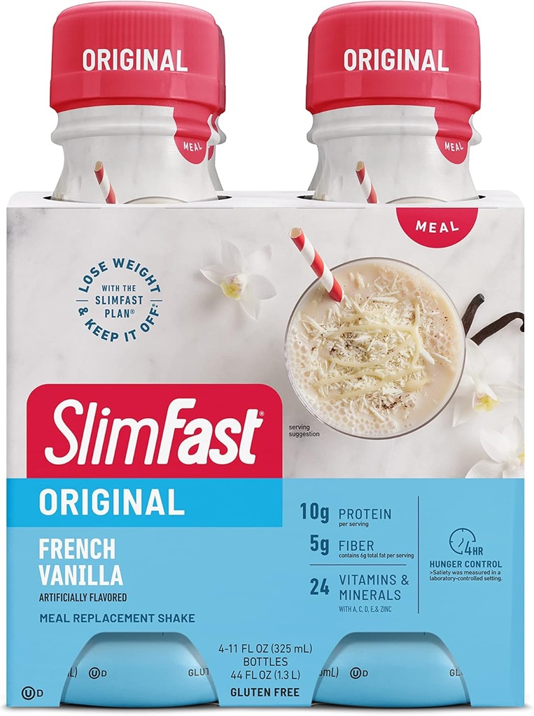 SlimFast Meal Ersatz Shake, Original Französisch Vanille, 10g Ready to Drink Protein for Weight Loss, 11 Fl. Oz Bottle, 4 Count (Packaging May Vary)