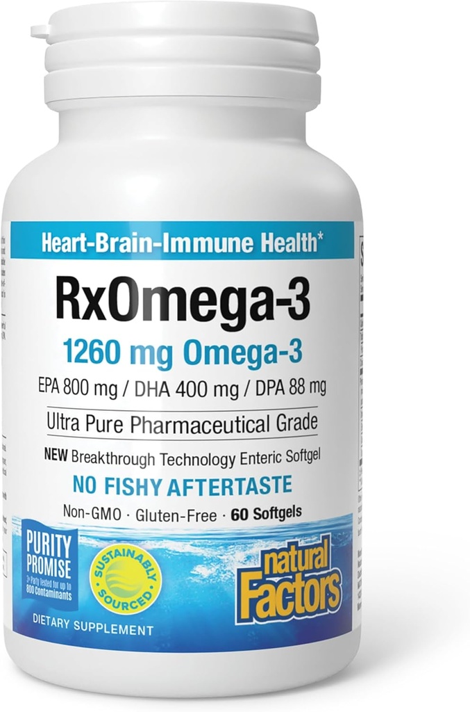 Facteurs naturels RxOmega-3, Soutien naturel pour la santé cardiaque avec DHA et EPA, Supplément alimentaire quotidien, 60 Softgels