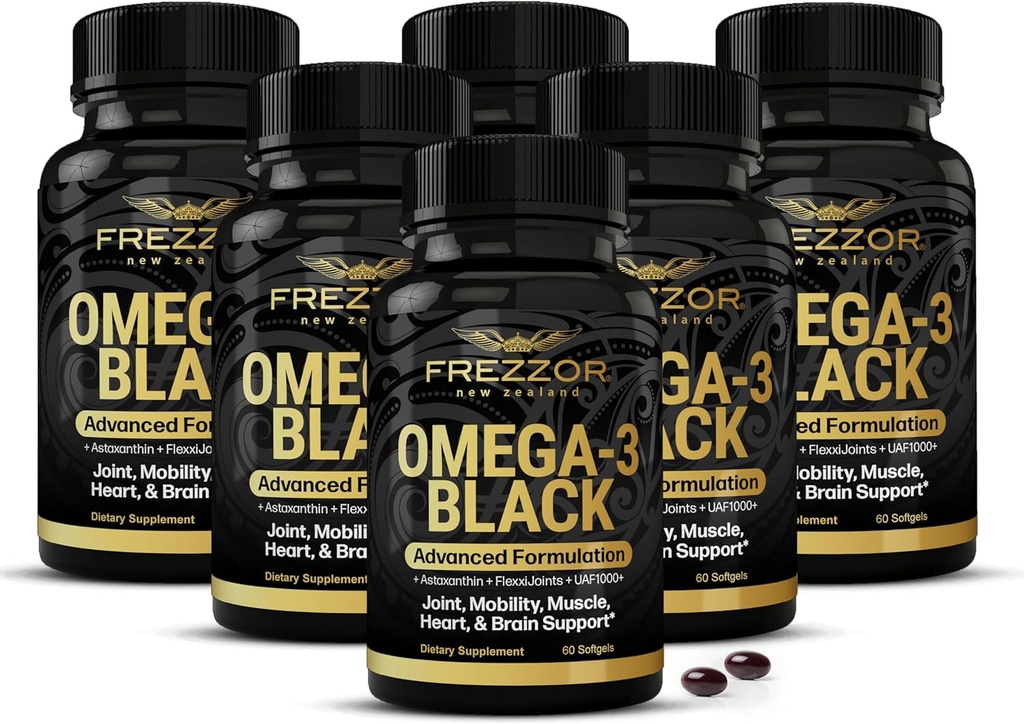 FREZZOR Omega 3 Schwarz für Joint Care & Comfort - Neuseeland Green Lipped Mussel Öl Kapseln; 53x Höhere Potenz mit UAF1000+ Super Antioxidant, kein Fishy Nachgeschmack, 450mg, 6-Pack, 360 Softgels