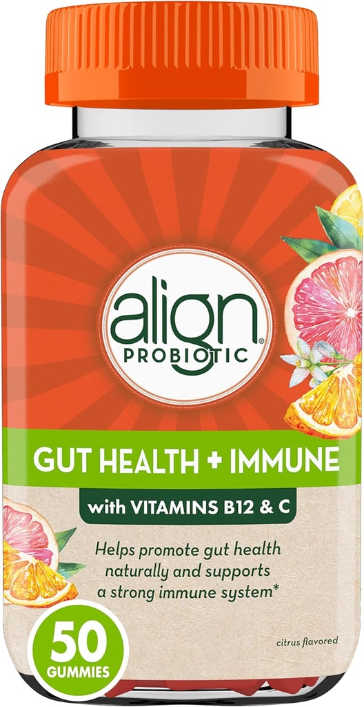 Align Probiotic, Gut Health & Immunity Support, Probiotic for Women and Men, #1 Doctor Empfohlene Marke, Vitamin C und B12 für Immununterstützung & Energie, Citrus Flavor, 50 Gummies