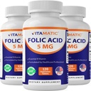 Acide folique vitamatique 5mg (5000 mcg) – 120 comprimés végétariens par bouteille – vitamine B9 (folate) – 3-packs