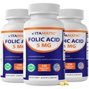 Vitamatic Folic Acid 5 mg (5,000 mcg), 120 Vegetarian Tablets (3 Pack)