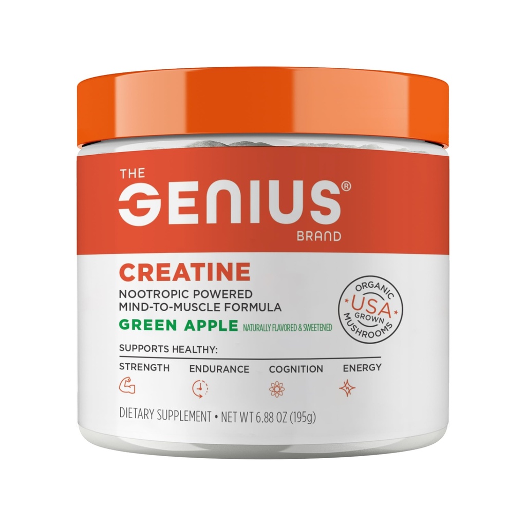 Genius Micronized Creatine Poudre monohydratée, Supplément post entraînement, pomme verte - 100% naturellement aromatisé et sucré - supporte la construction musculaire, l'énergie cellulaire et la fonction cognitive – 195g