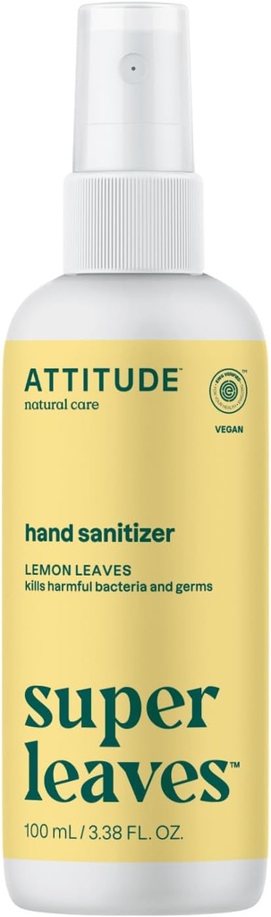 ATTITUDE Handzerstäuber Spray, geprüft, Tötet Germs & Bacteria, Vegan & Plant-Based, Safe für Erwachsene & Kinder, Zitronenblätter Duft, 3.38 Fl Oz (Spray Bottle)