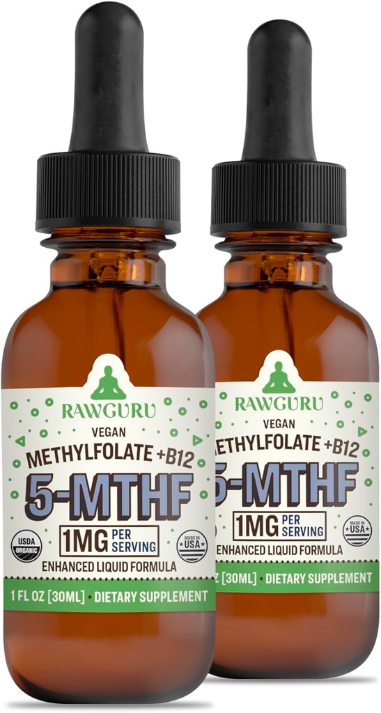 RawGuru Methylfolat 1mg+ Vitamin B12 - Organische Vegan methylierte B12 mit Trace Minerals - Nano-processed & Enhanced Liquid Formula - 300 Servierungen von Vegan Tropfen pro 30 ml, Packung 2
