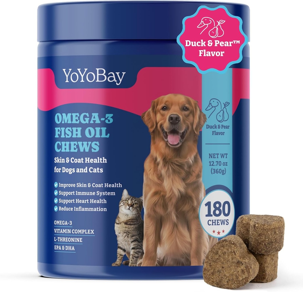 Huile de poisson Chews pour chiens et chats, Omega 3 Huile de poisson pour chiens - Riche en Omega 3, 6 et 9 avec huile de lin, EPA et DHA - 180 Mâches molles, Arôme de canard et de poire - Anti-inflammation, peau et santé du manteau