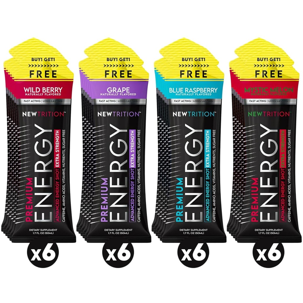 NewTrition® Extra Strength Energy Shots 1.7 fl oz (Pack mit 24, 4 Flavors) - 250mg Koffein mit B Vitaminen & Aminosäuren, Sugar-Free Zero Calorie Vitamin Energy Drink for Focus & Endurance (Mixed-1)