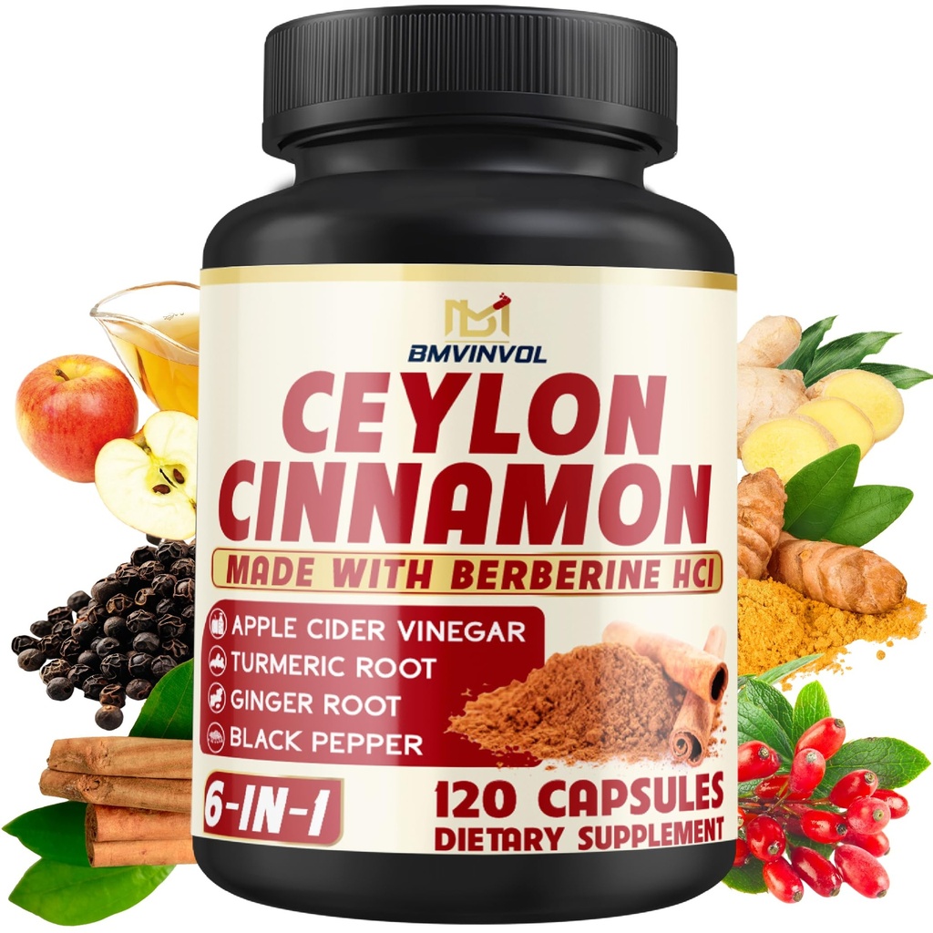 Ceylan Capsules de cannelle avec HCl berbère, vinaigre de cidre de pomme, curcuma, ginseng, poivre noir - 6in1 pour soutenir la fonction immunitaire - 120 Compte
