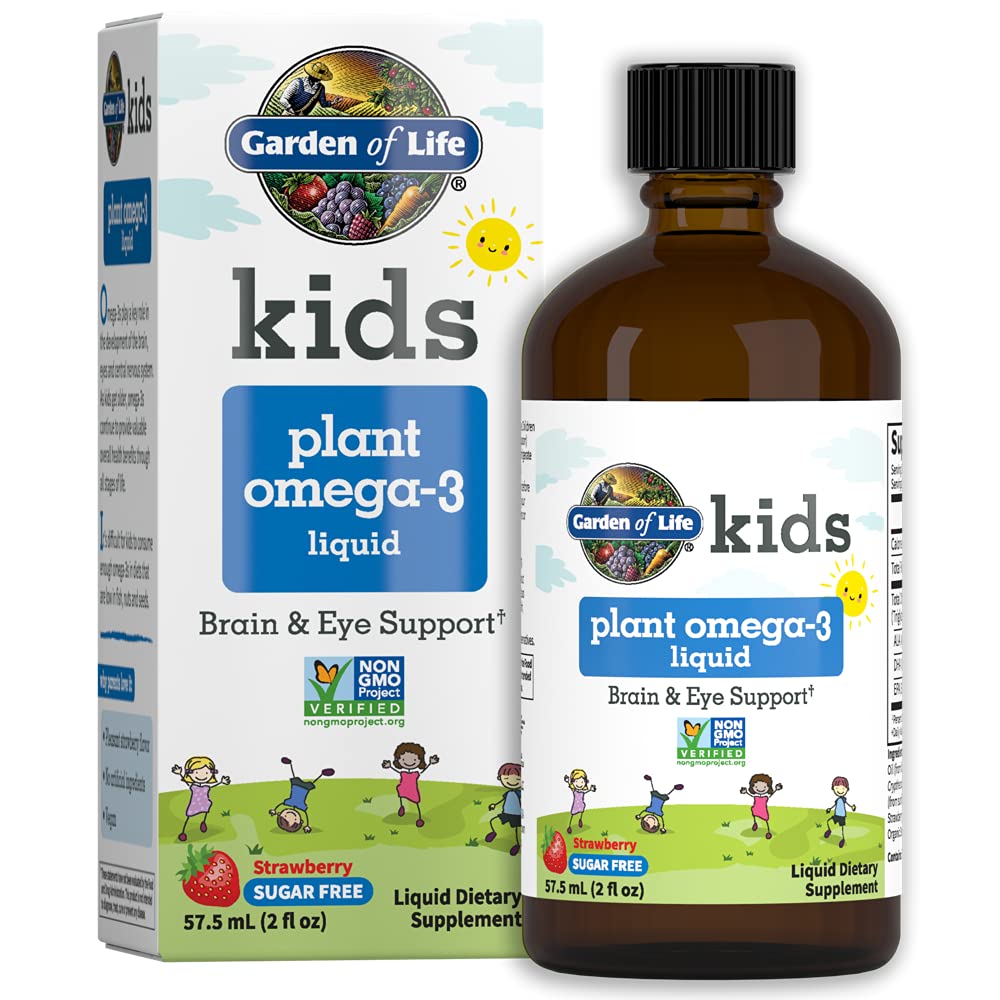 Garten des Lebens Kinder Pflanze Omega-3 Flüssigkeit, Erdbeere - Vegan Gehirn & Augen Unterstützung für Kinder, Pflanzenbasierte Kinder Omega 3 ALA, DHA & EPA Ergänzung für Kinder, Zucker Free & Non-GMO - 2 fl oz Flüssigkeit