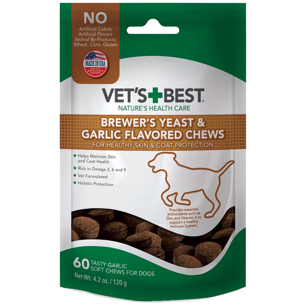 Vet's Best Brewers Hefe & Knoblauch Chews, Omega 3 für Hunde Gesunde Haut und Mantel Schutz für Hunde, Hund mit veterinär empfohlen Dosierung, Knoblauch Ergänzungen, 60 ct