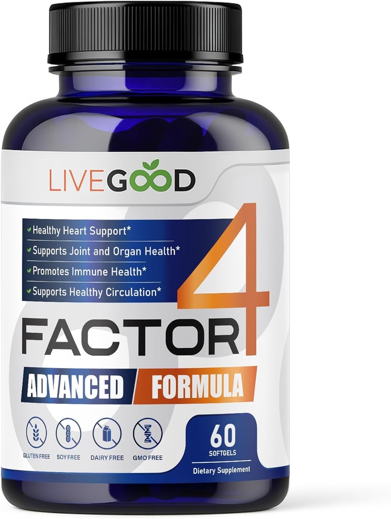 LIVEGOODTM Faktor 4, Omega 3 Fischöl mit EPA & DHA, CoQ10 und Turmeric, Advanced Q10 Coenzyme & CoQ10 Ergänzungen, DHA Ergänzungen für Herz, Gelenk & Immununterstützung, Made in USA, 60 Count,