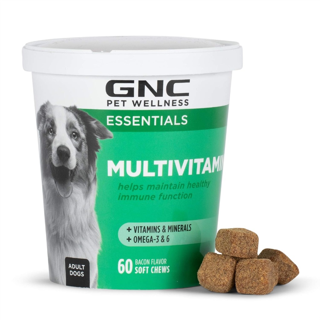 GNC Pets Essentials Dog Multivitamin Soft Chews, Salmon Oil Dog Supplement in Bacon Flavor, Immun Booster und Haut und Mantel Unterstützung Chewable mit Vitaminen & Minerals, 60 Zähler