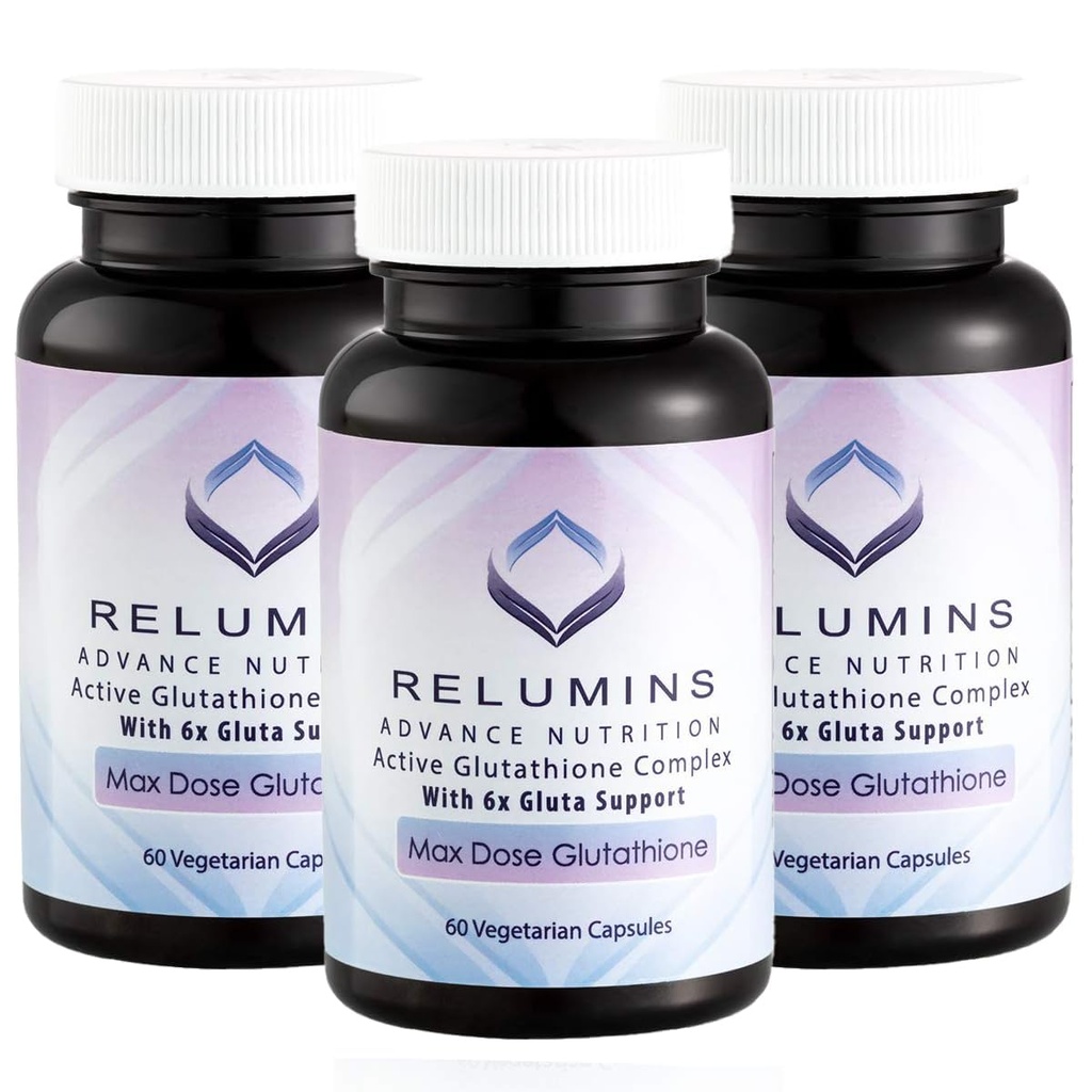 Relumines Advance White Active Glutathione Complex - Max Dose 900mg Glutathione mit 6X Boosters, ALA & NAC - Anti-Aging Skin Brighting Supplement - 60 Caps x 3 Flaschen