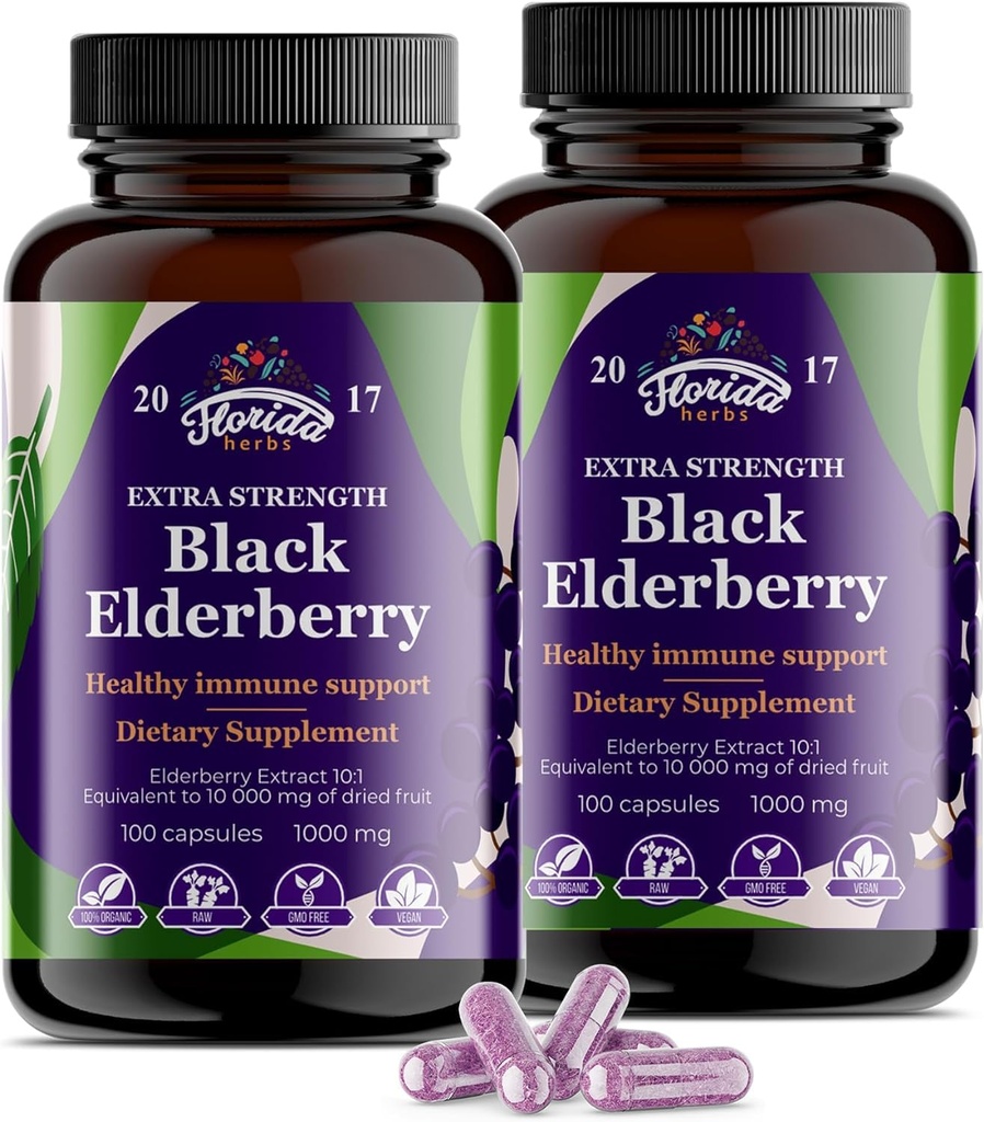 Black Elderberry Kapseln | 200 Count - 10.000mg | Sambucus Elderberry Vitamins, Non-GMO, Glutenfrei, Bio Elderberry Extrakt Sambucus Nigra - 200 Vegan Kapseln - Packung mit 2