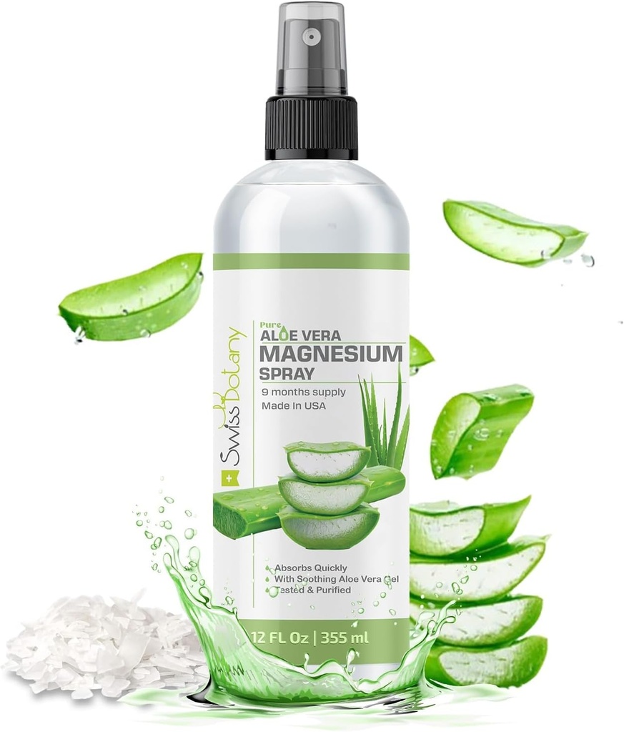 Spray de magnésium topique avec Aloe Vera - Spray d'huile de magnésium pur pour le soulagement du stress - Spray de magnésium Aloe Vera de qualité USP pour le sommeil - 12 Fl Oz