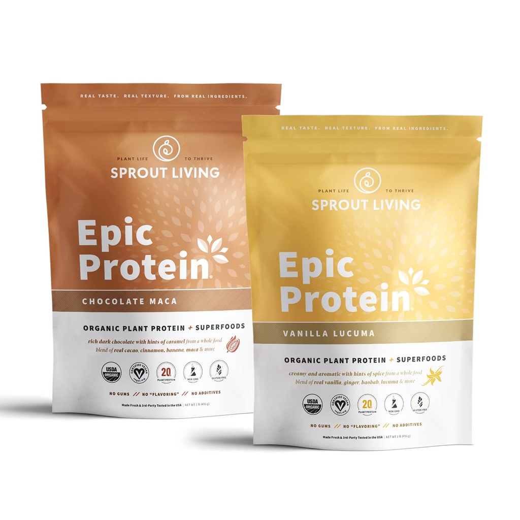 Sprout Living Epic Protein Bundle - Chocolate Maca & Vanilla Lucuma (20g Organic Plant-Based Protein Powder, Vegan, Gluten Free, Superfoods) | 1lb, 12 Portionen