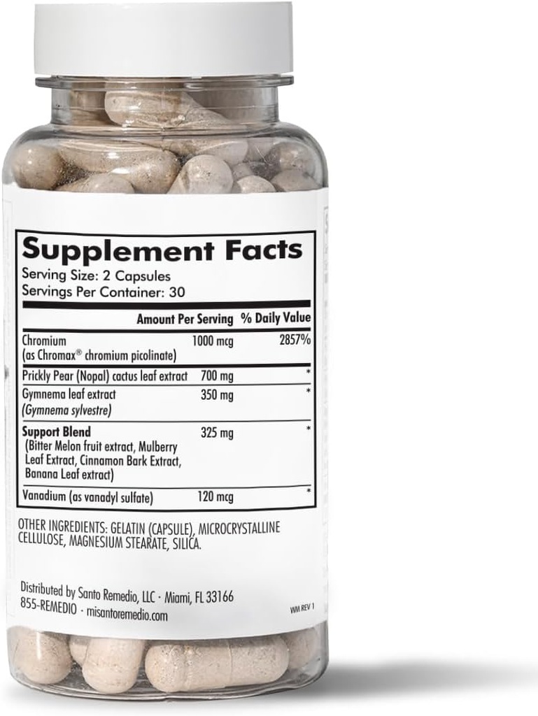 Santo Remedio's Exclusive Formel mit Nopal, Chromium Picolinat (Chromax), Gurmar (Gymnema Silvestre), und Vanadyl Sulfat. 60 Kapseln (30 Portionen)