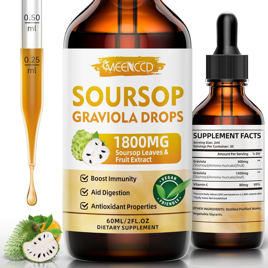 Soursop Graviola Flüssigkeitstropfen 1800mg, natürliches Antioxidans, Zellunterstützung & Regeneration, Immune Boost, Soursop Bitters Liquid, Sugar-Free, Non-GMO, Vegan, Orange Flavor, 2 FL OZ