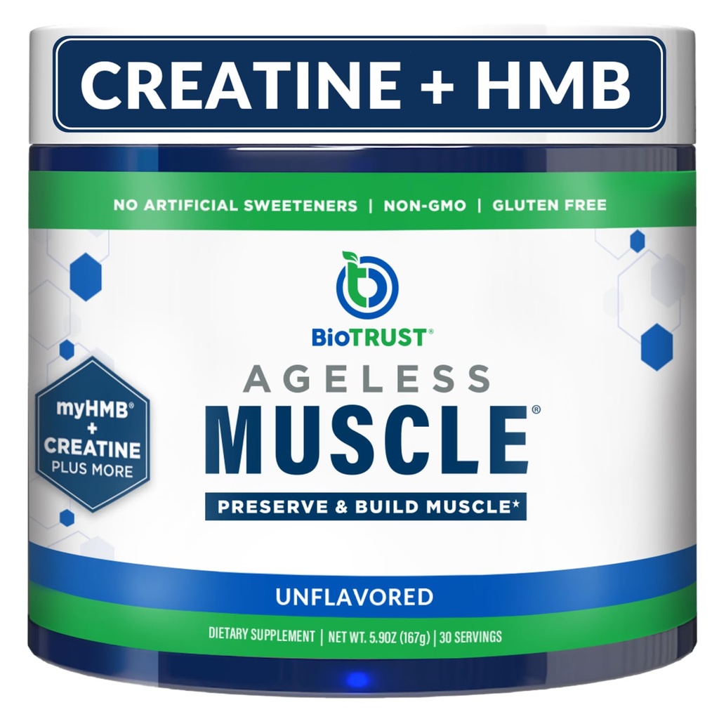 Constructeur de muscles sans âge BioTrust - Poudre de HMB de créatine avec vitamine D3 et bétaïne - Construire et conserver naturellement en déclin de masse et de force musculaire - Sans aromatiser, 30 portions