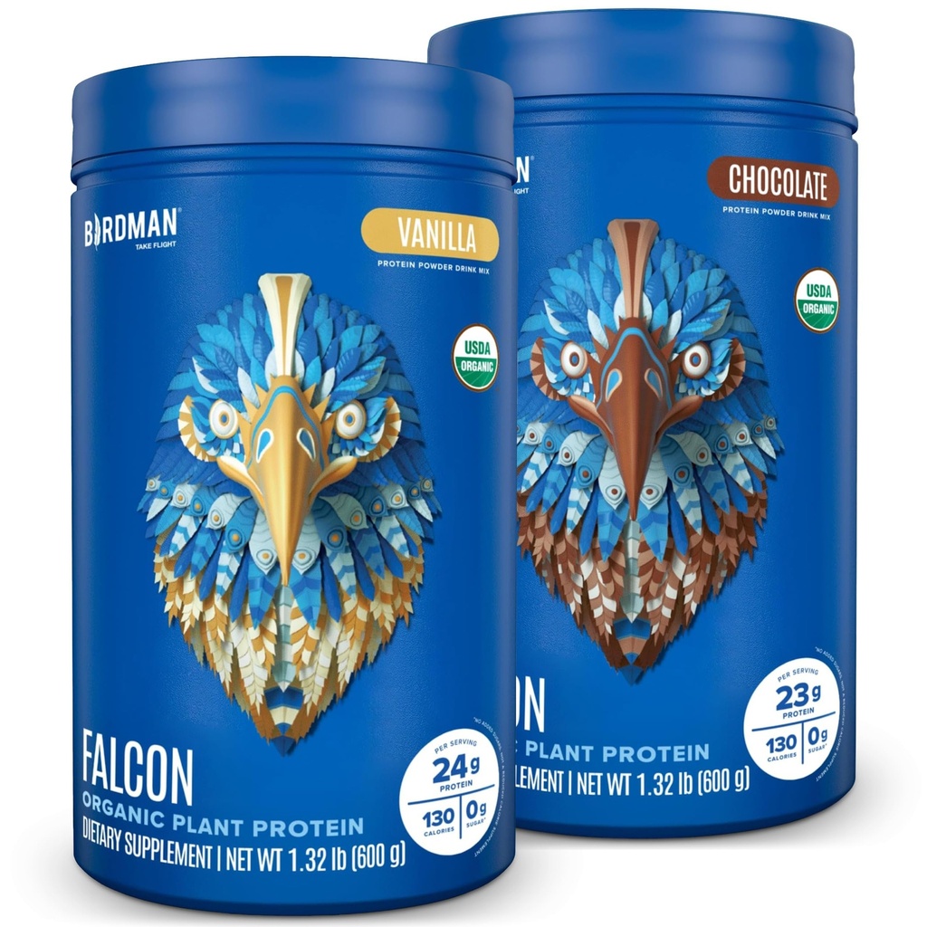 BIRDMAN Falcon Vegan Protein Powder Organic, Stevia & Sugar Free, Plant Based, Low Carb, Dairy Free, Keto, Non Whey, Probiotic, Pea Protein | Combo Pack: Vanilla & Chocolate Flavors - 20 Portionen