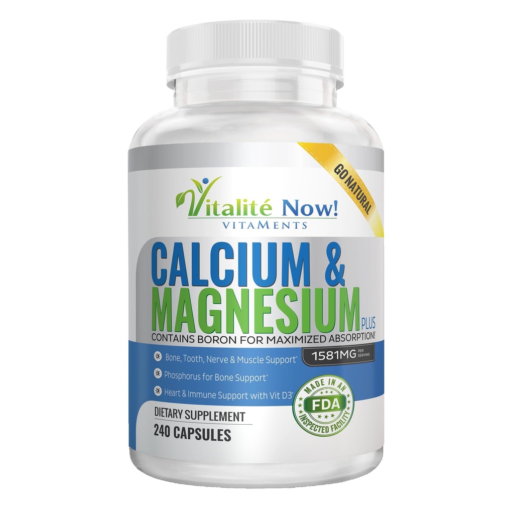 Meilleur Calcium et Magnésium + Vitamine D3 400 UI - Très Absorbable avec Boron - 10 formes de Calcium + Phosphore pour la force osseuse - Toutes naturelles - 240 capsules - 2 mois d'approvisionnement!