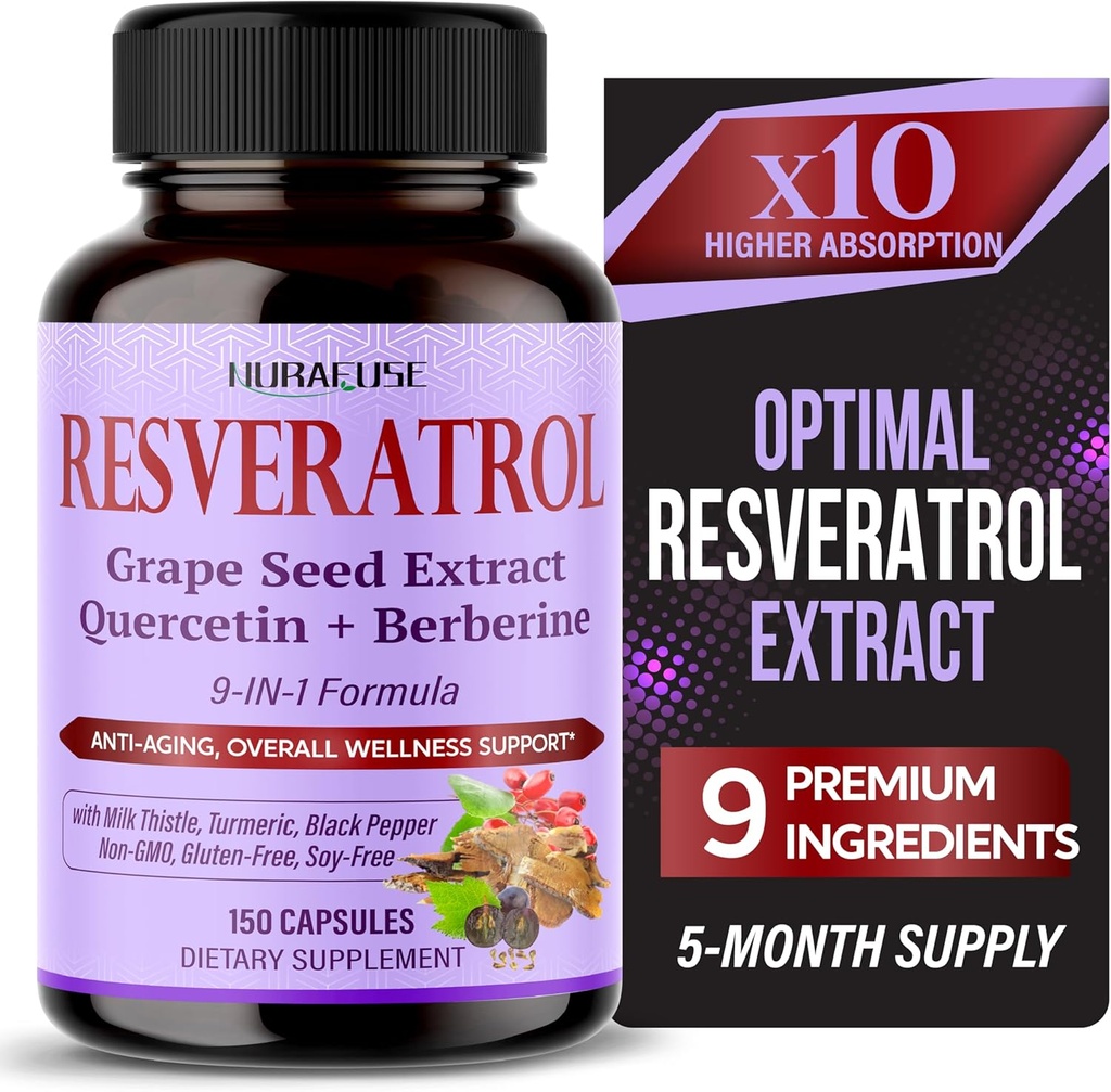 RESVERATROL 9-in-1 Formel - mit Milchdistel, Kurkuma, Schwarzer Pfeffer Non-GMO, Glutenfrei, Sojafrei