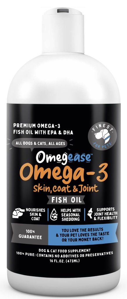 Omegease Fischöl für Hunde & Katzen - Feinste für Haustiere Omega 3 für Katzen & Hunde - Ergänzung für Haut & Coat, Juckreiz, Shedding, Joints & Immune Health - 100% reines Omega Fish Oil mit EPA & DHA (16 oz)