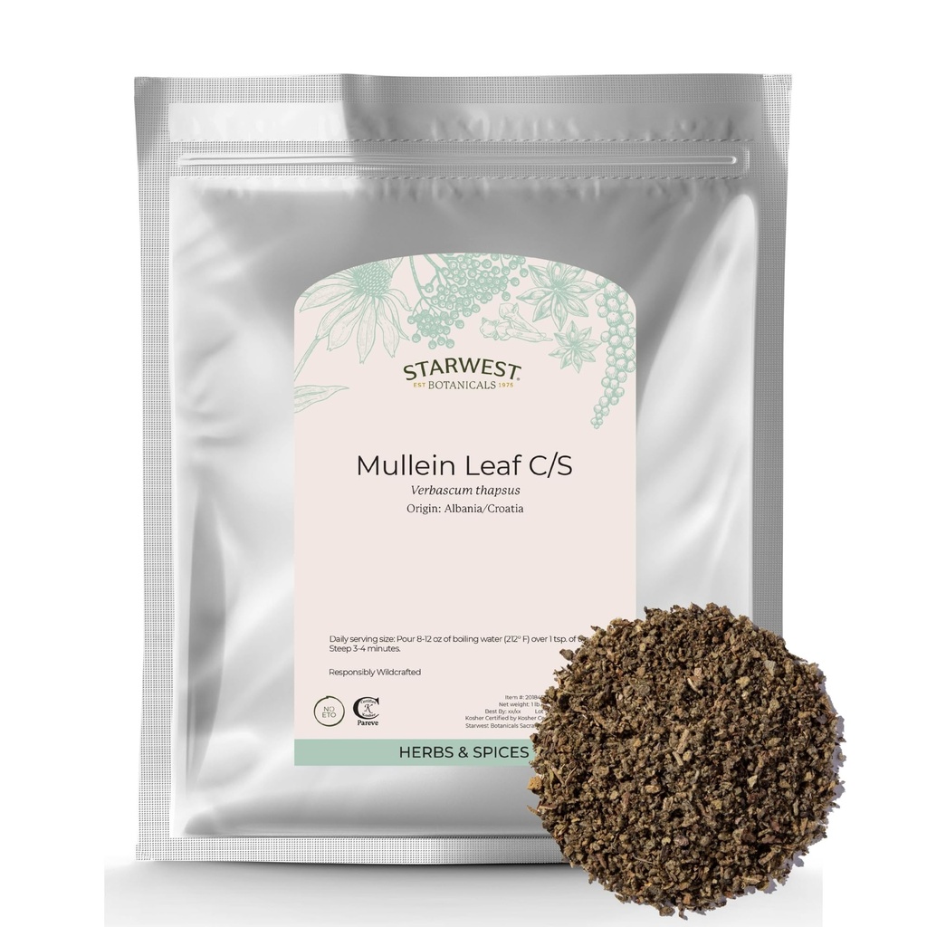 Starwest Botanicals Wildcrafted Mullein Leaf - L'herbe de feuille en vrac séchée pour le thé, la coupe et le sac tamisé, source naturelle d'antioxydants, casher certifié - vrac 1 lb sac