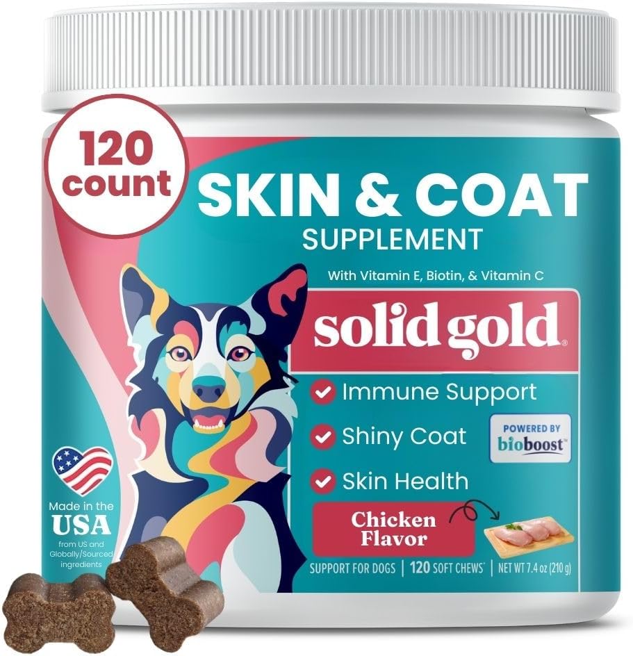Solid Gold Omega 3 Fish Oil for Dogs Soft Chews - Chicken Flavored Omega 3 für Hunde Skin & Coat Gesundheit - Vitamin C, E & Biotin Chews für trockene Haut, Immununterstützung & Itch Relief für Hunde - Alle Altersgruppen 120ct