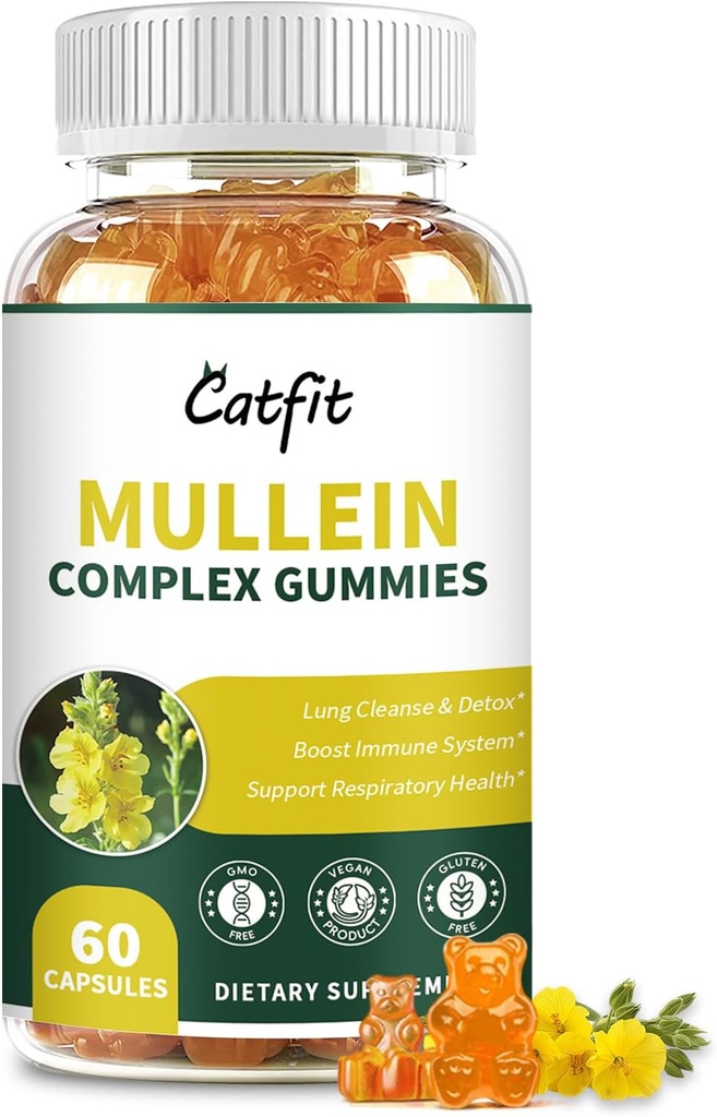 Catfit Mullein Gummies für Lunge – Mullein Leaf Extract mit Quercetin, Elderberry für Respiratory & Immune Support,Lung Health & Breath, Vegan, Ananas Flavor, 60 Gummis