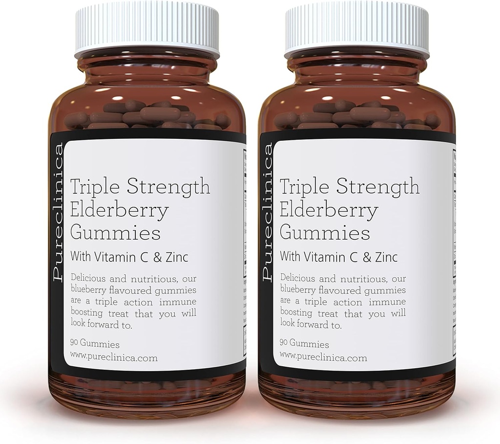 pureclinica Triple Strength Immune Support - Elderberry Gummies mit Vitamin C & Zinc x 180 Gummies (2 Flaschen von 90) – bis zu 6-Monats-Versorgung!
