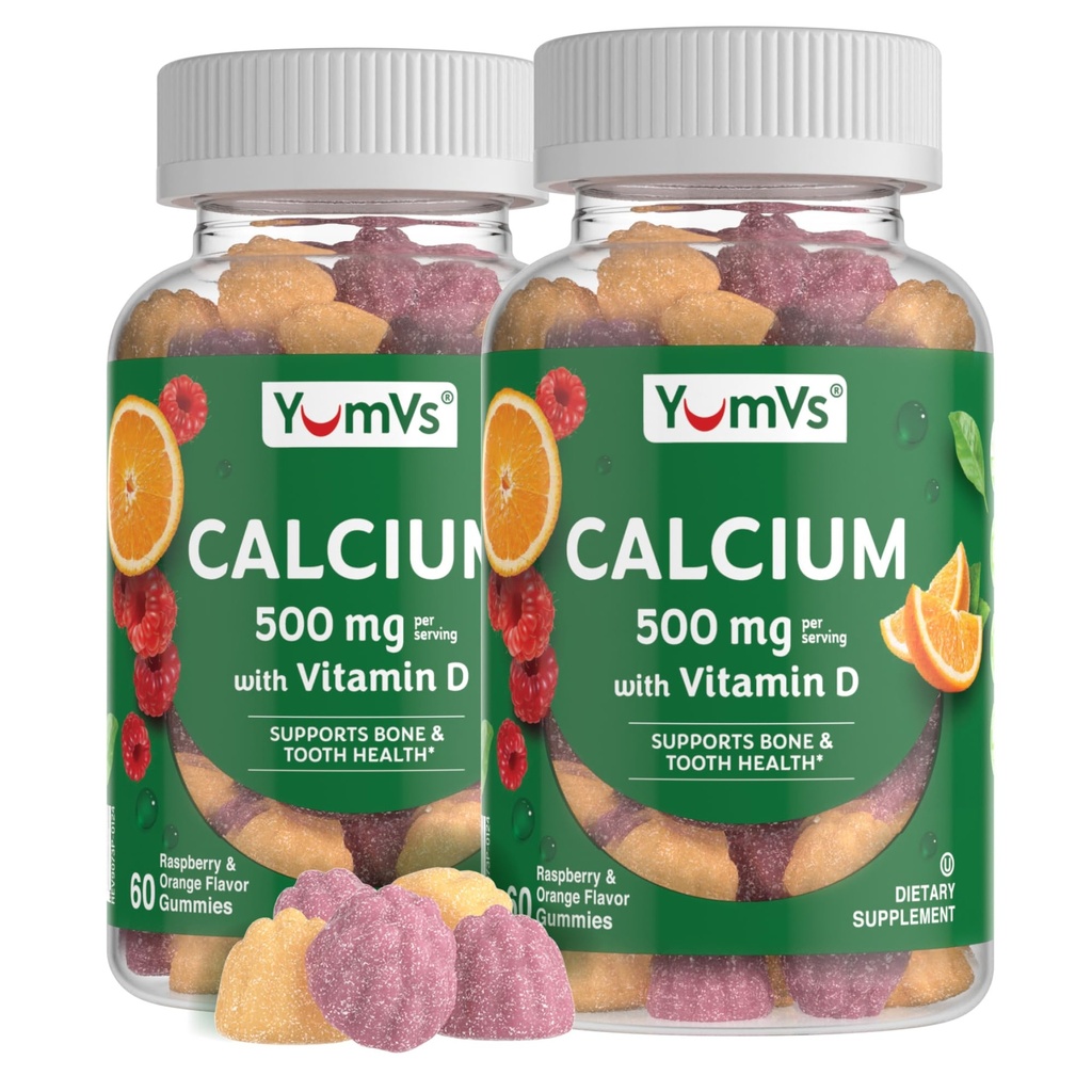YumVs Kalzium 500mg mit Vitamin D3 - Raspberry & Orange Flavor Kalzium Vitamin D Gummis, Kaubare Kalzium-Ergänzung für Kinder & Erwachsene, Vitamin D Kalzium Gummi (60 Count (Pack von 2))