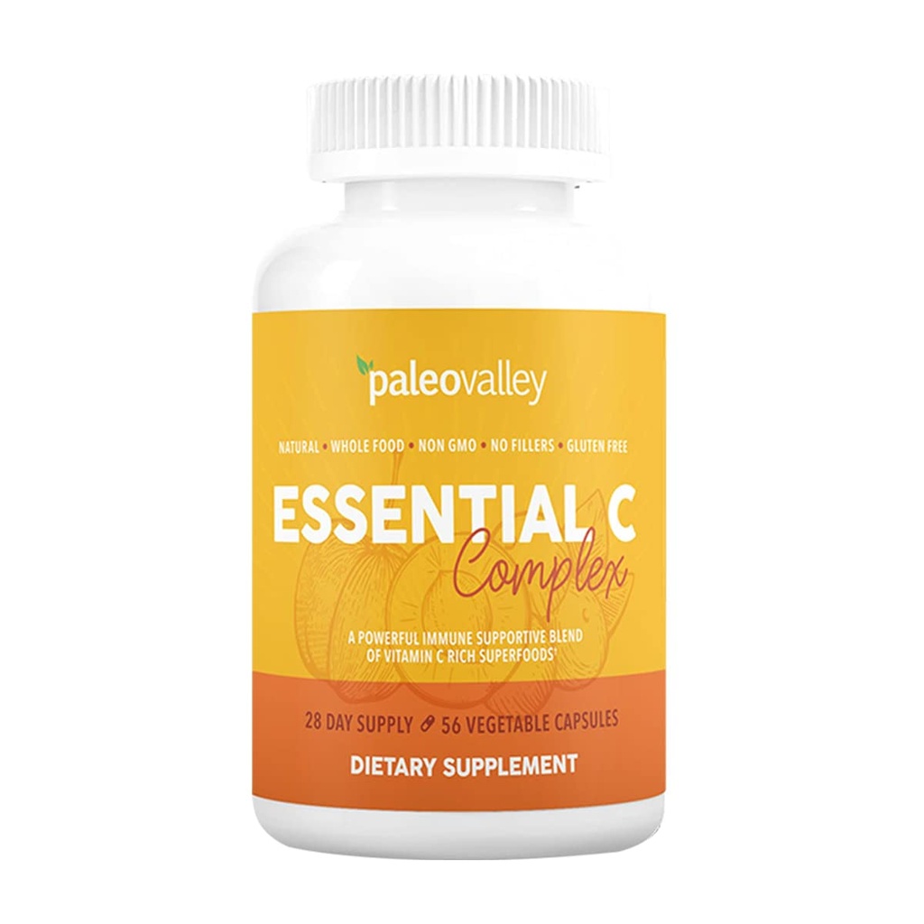 Paleovalley Essential C Complex - Vitamin C Supplement für Immununterstützung - 1 Pack, 450mg - Bio Superfoods Unripe Acerola Cherry, Camu Camu, Amla Berry - Keine synthetische Ascorbinsäure - USA Made