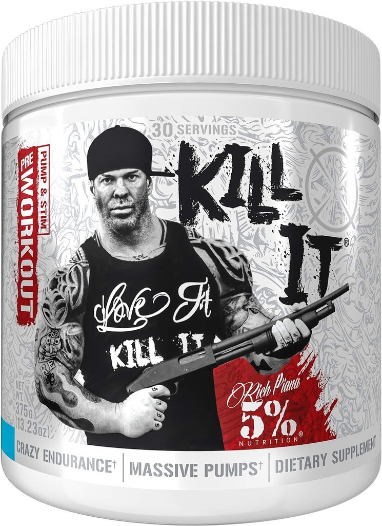 Riche Piana 5 % de la nutrition tuent la poudre avant l'entraînement avec/créatine, caféine sans jitter, NO-Booster, Beta Alanine, L-Citrulline pour focus, pompe, endurance, récupération 13,23 oz, 30 Srvgs (Lémonade de bleuets)