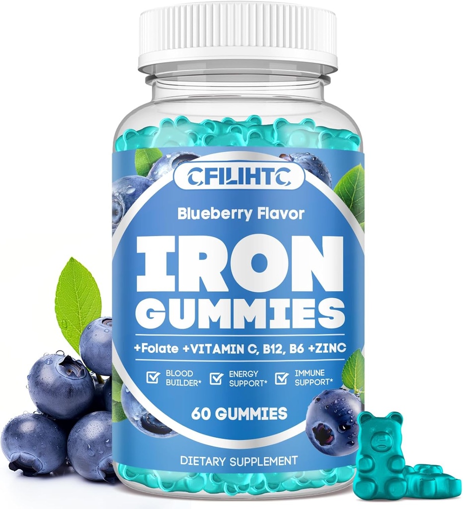 Eisengummis für Damen und Herren - Eisenergänzung mit Vitamin B6, B12, C, Zink, Folate für Erwachsene & Kinder - Unterstützung Eisenmangel, Anämie, Energie Boost, Blut Builder - Zuckerfrei Vegan 60ct Blueberry