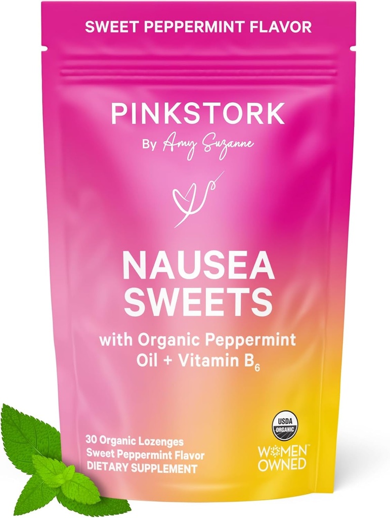 Pink Stork Bio Pfefferminz Süßigkeiten für Morgen Krankheit und Bewegung Krankheit Unterstützung, Hinzugefügt Vitamin B6, 1. Trimester Schwangerschaft Must Haves - 30 Wrapped Peppermint Candies