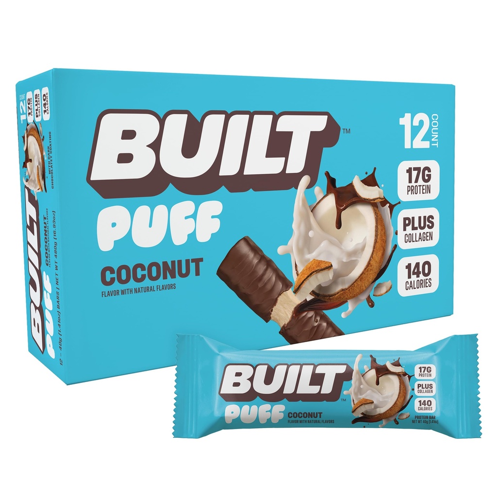 Barre construite, barres de protéines de puff, puff de noix de coco, 17g de collations de protéines, barres de marche, seulement 140 calories, 6g de sucre, collagène, sans gluten, 12 nombre