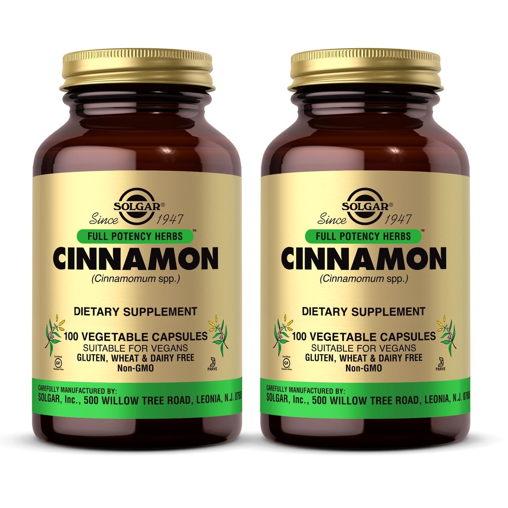 Cinnamon de Solgar - 100 capsules végétales, boîte de 2 - pleine puissance (FP) - Non-OGM, végétalien, sans gluten, sans produits laitiers, sans casher - 200 portions totales
