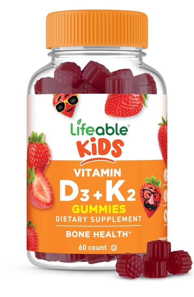 Lebensfähige Kinder Vitamin D3 K2 Gummie | 1000iu D3 und K2 100mcg | Große Verkostung D3 und K2 Ergänzungen | für Knochen Gesundheit und Immunität | VIT D3 K2 für Kinder | 60 Gummie