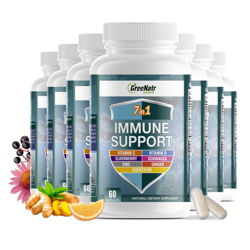 GreeNatr 7 in 1 Immununterstützungsergänzung mit Vitamin C, Vitamin D3, Zink 50mg, Quercetin, Echinacea Purpurea, Sambucus Elderberry und Ginger für vollständige Immunabwehr - 60 Kapseln (12 Flaschen)