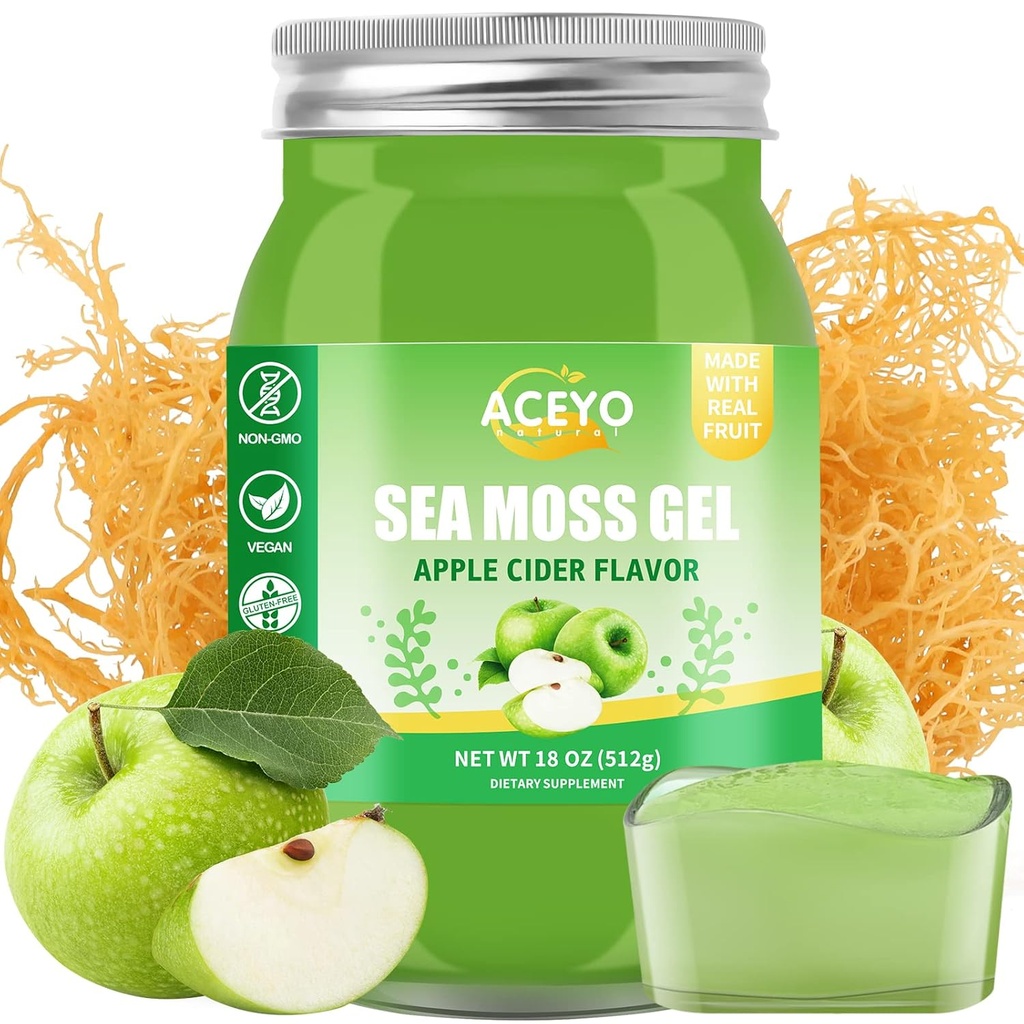 (18 OZ) Irish Sea Moss Gel Organic Raw Vegan Apple Flavor 102 Vitamine und Mineralien Wild Harvested Non-GMO Immune Defense Booster Thyroid Digestive Unterstützung