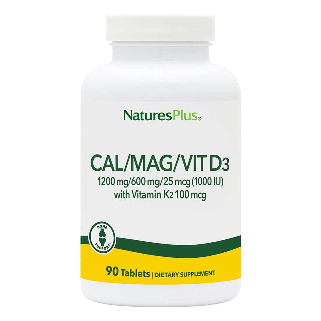 NaturesPlus Kalzium/Magnesium/Vitamin D3 mit Vitamin K2 - unterstützt Knochen- und Immungesundheit - Vegetarisch, Glutenfrei - 90 Tabletten - 22.5 Servierungen