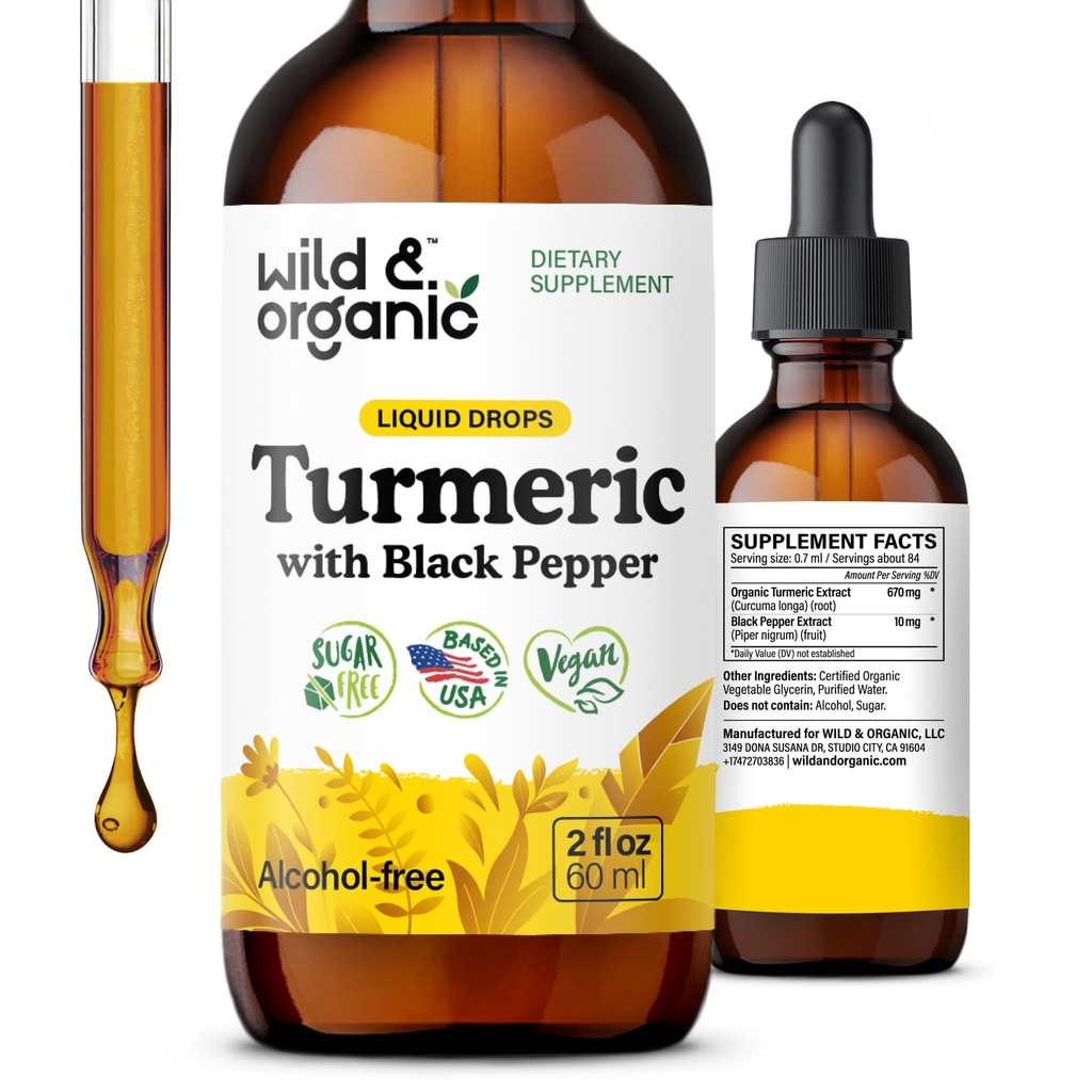 Supplément curcuma naturel et biologique liquide - Support conjoint - Curcumine curcuma avec extrait de poivre noir - gouttes de racine curcuma - Teinture végétalienne, sans sucre et sans alcool - 2 fl oz