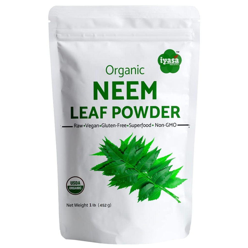 Iyasa Holistics Organic Neem Powder Ayurveda Kräuter und Superfood, unterstützt Blut und Leberreinigung, fördert gesundes Haar und klare Haut, wiederverschließbare Tasche von 16 oz/ 453g