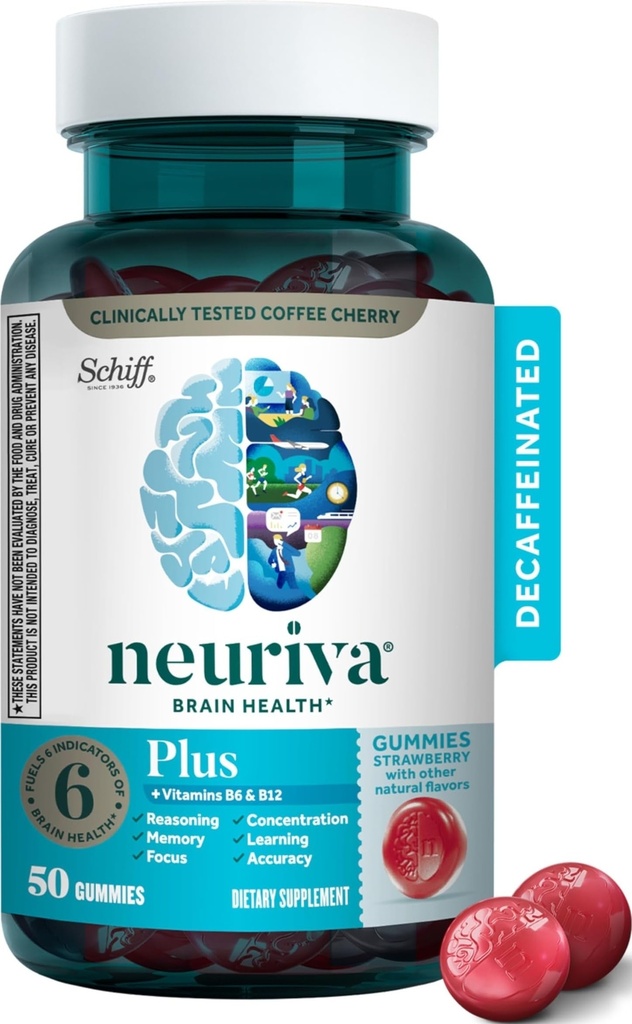 NEURIVA Plus Supplément Cerveau pour mémoire, focus et concentration+Fonction cognitive avec vitamines B6 & B12 et Nootropiques testés cliniquement Phosphatidylsérine et neurofactor, 50ct Gommies de fraise