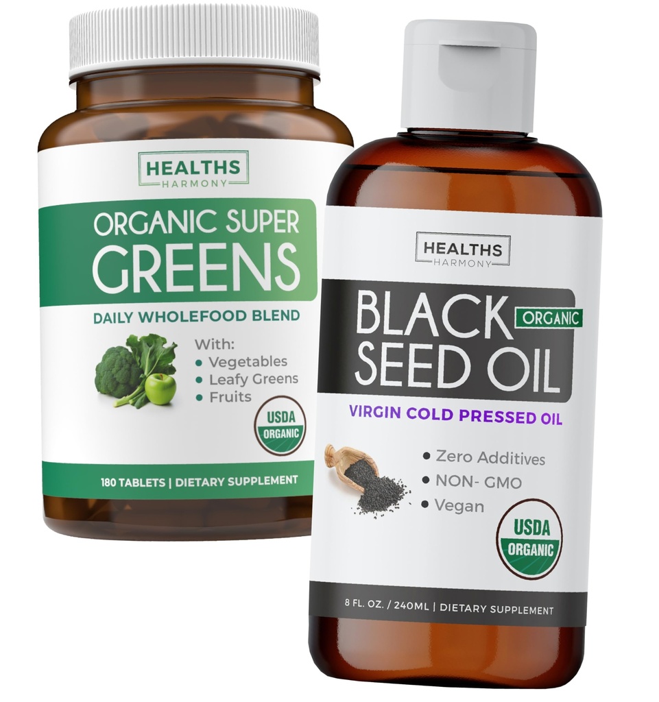 Super Greens & Black Seed Oil (3-Meth Supply) Mélange d'huile à base de plantes de poudre biologique Super Greends - Superfood complet (180 Capsules) & Bio Black Seed Oil Liquide - pressé à froid (8 fl oz)