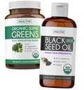 Super Greens & Black Seed Oil (3-Monats-Versorgung) Kräuteröl Mischung aus Bio Super Greends Pulver - Komplette Superfood (180 Kapseln) & Bio Black Seed Oil Liquid - Kalt gepresst (8 fl oz)