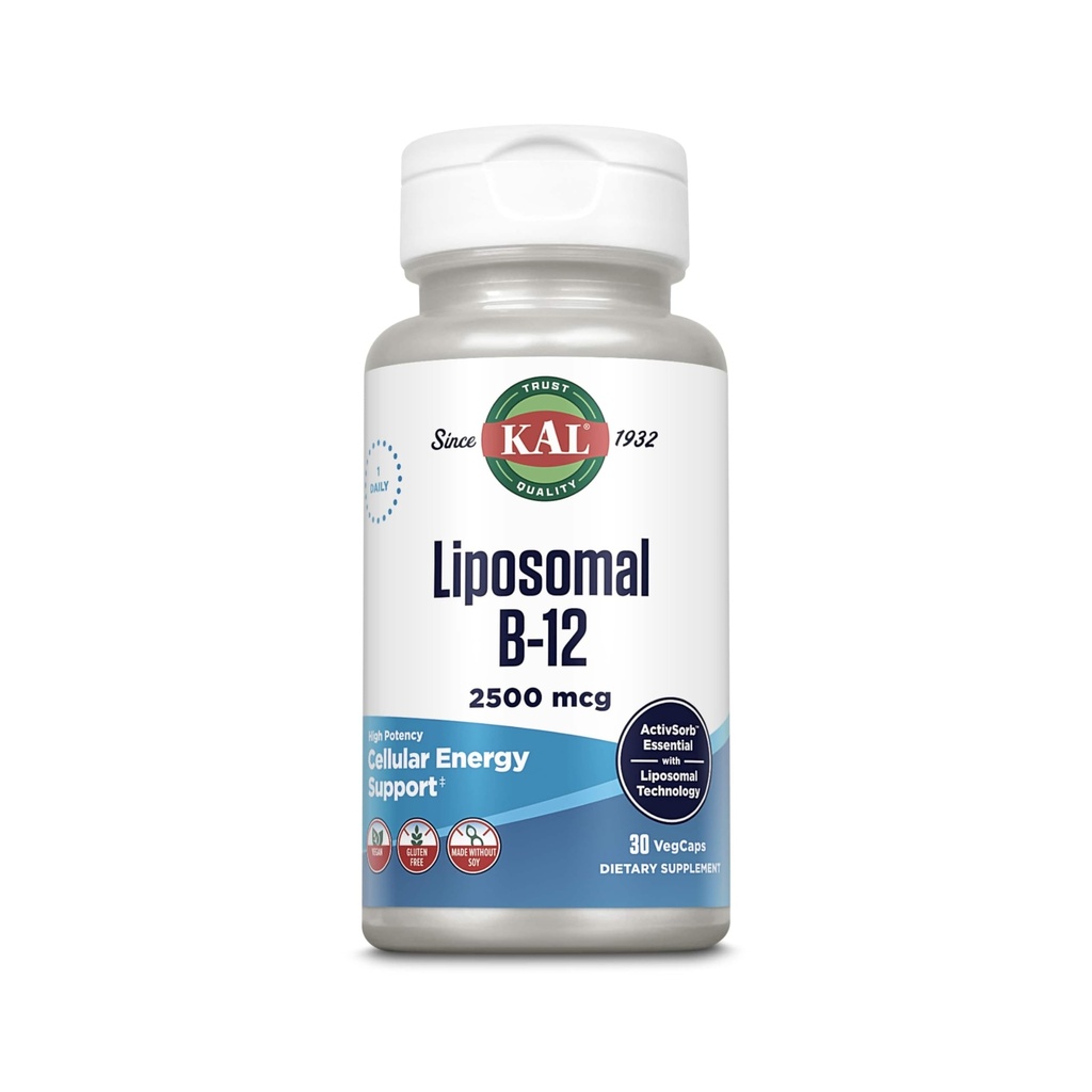 KAL Liposomales Vitamin B12 2500 mcg, hohe Absorption, Liposomale Technologie, Cellular Energy Support, Vegan Kapseln, Glutenfrei, Hergestellt ohne Soja, 30 Portionen