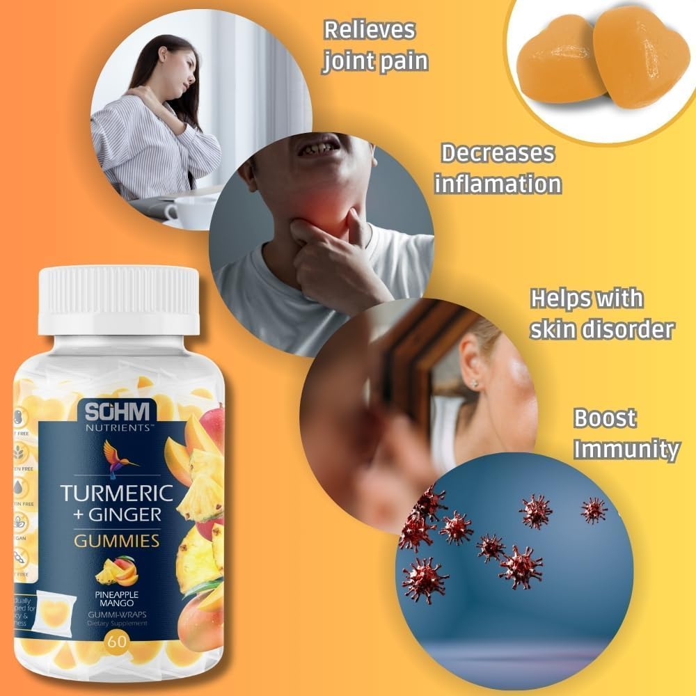 SOHM Turmeric Ginger Gummis mit Ginger, 60 Individuell Wrapped, hilft Hautstörungen, unterstützt Gelenkgesundheit -Pineapple Flavor Gummies für Erwachsene Männer und Frauen