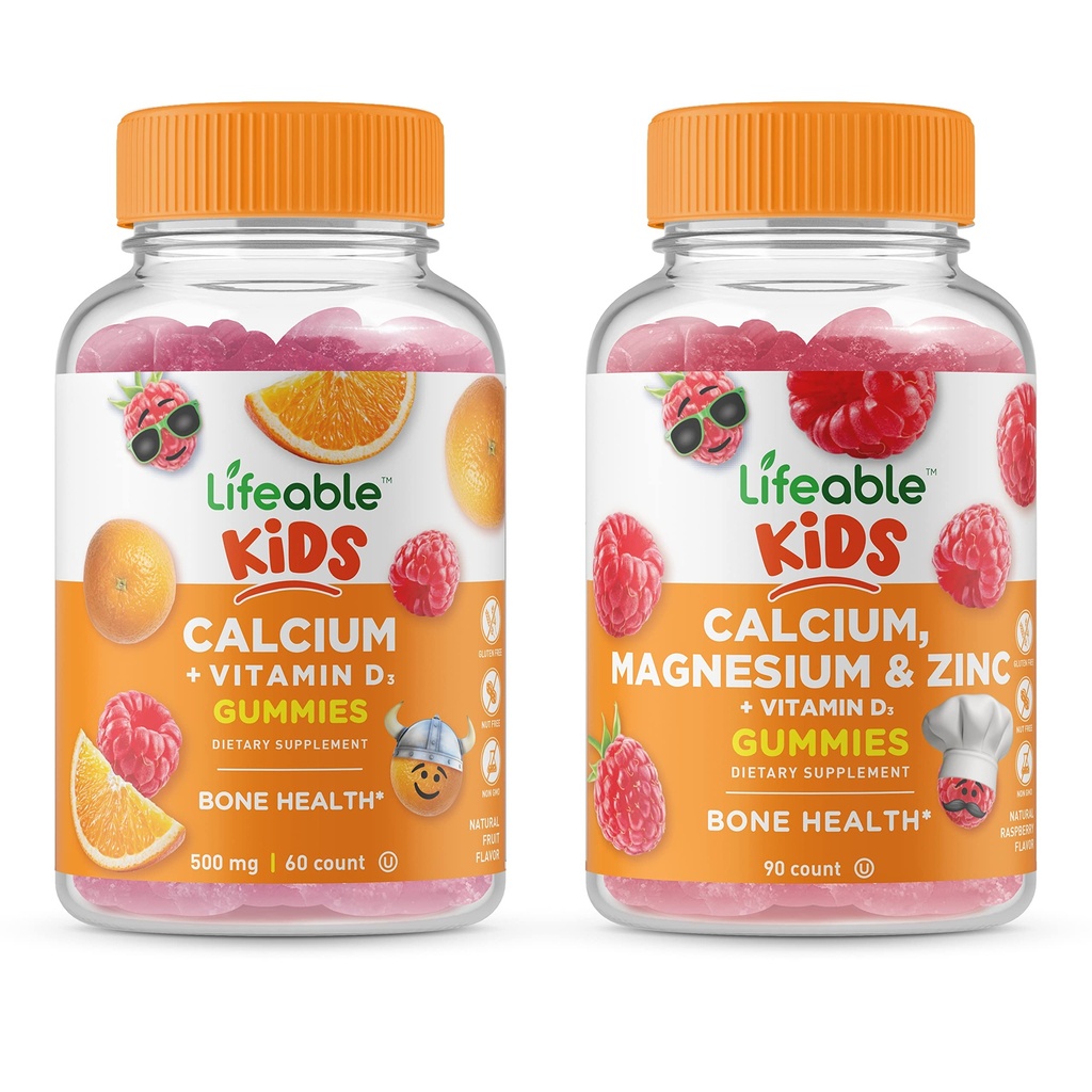 Calcium vital avec Vitamine D Kids + Calcium Magnésium & Zinc Kids, Gummies Bundle - Grande dégustation, supplément de vitamine, sans gluten, sans OGM, gummy à croquer